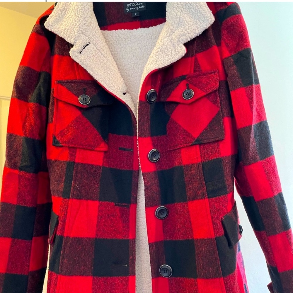 Torn by Ronny Kobo Buffalo Plaid Red & Black Sheepskin Flannel Coat, size Small